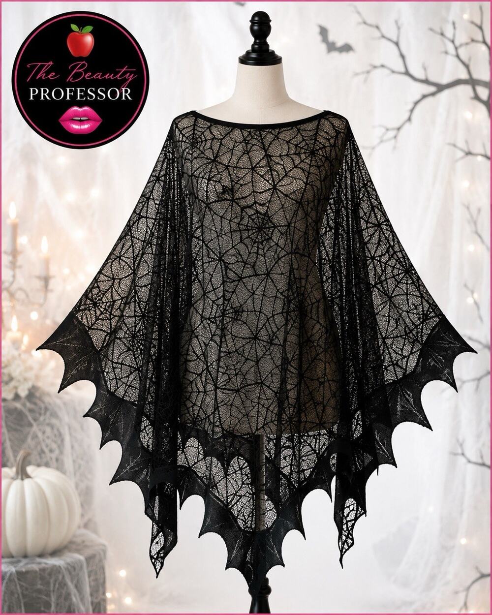 🎃 Black Spiderweb Lace Halloween Poncho Bat Wing Hem Witch Vampire Costume